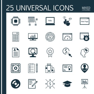 SEO Beyin Fırtınası, Hatırlatma, Kütüphane ve Daha Fazla Konu Üzerine 25 Evrensel Simge Seti. Laptop, Yatırım, SEO Beyin Fırtınası ve Diğer Simgeler de dahil olmak üzere Vektör Simgesi Ayarları.
