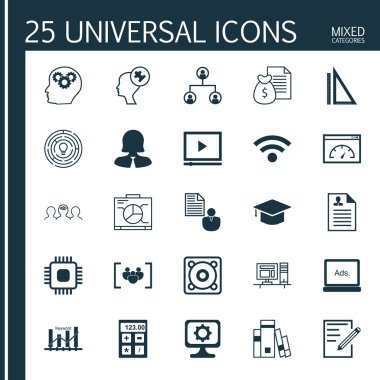 Set 25 Evrensel Simgeler Koçluk, Kablosuz, İş Kadını Ve Daha Fazla Konu. Dijital Medya, Ölçüm, Bilgisayar ve Diğer Simgeler Dahil Vektör Simge Seti.