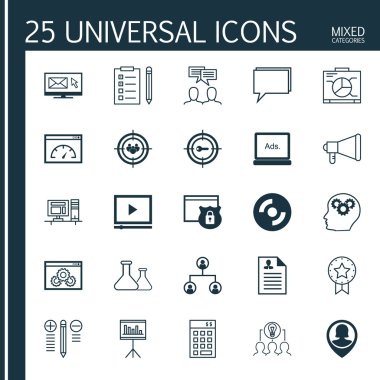 Set 25 Evrensel Simgeler Karar Verme, Yatırım, Yönetim Kurulu Ve Diğer Konular. Vektör Simge Seti Kimyasal Dahil, Boş Cd, Mevcut Rozet Ve Diğer Simgeler.