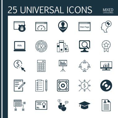 Pazar Araştırması, Dijital Medya, Sunum ve Diğer Konular Üzerine 25 Evrensel Simge seti. Pazar Araştırması, Kütüphane, Boş Cd ve Diğer Simgeleri Içeren Vektör Simge Seti.