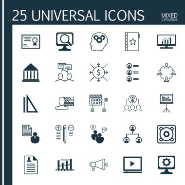 Set 25 Evrensel Simgeler Beyin Süreci, İşbirlikçi Çözüm, İş Başvuru ve Daha Fazla Konu Üzerine. Ağaç Yapısı, Rapor, Garanti Ve Diğer Simgeleri Içeren Vektör Simge Seti.