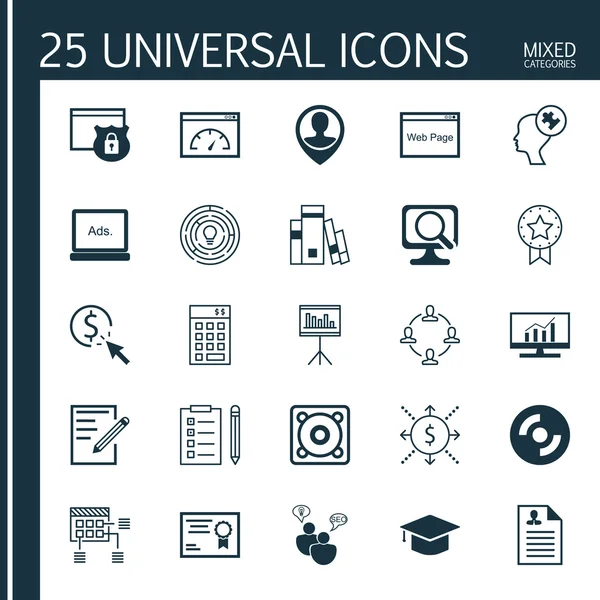 Pazar Araştırması, Dijital Medya, Sunum ve Diğer Konular Üzerine 25 Evrensel Simge seti. Pazar Araştırması, Kütüphane, Boş Cd ve Diğer Simgeleri Içeren Vektör Simge Seti.