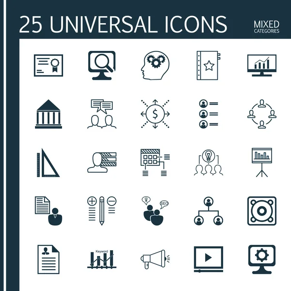 Set 25 Evrensel Simgeler Beyin Süreci, İşbirlikçi Çözüm, İş Başvuru ve Daha Fazla Konu Üzerine. Ağaç Yapısı, Rapor, Garanti Ve Diğer Simgeleri Içeren Vektör Simge Seti.