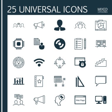 Medya Kampanyası, Büyüme, Chip Ve Diğer Konular 25 Evrensel Simgeler Ayarlayın. Vektör Simge Seti Dahil Web Sitesi, Konferans, İnsan Aklı Ve Diğer Simgeler.