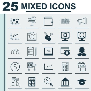 Set 25 Evrensel Simgeler Ppc, İş Kadını, Mevcut Ve Daha Fazla Konular. Kart, Fırsat, Karşılaştırma ve Diğer Simgeler Dahil Vektör Simge Seti.