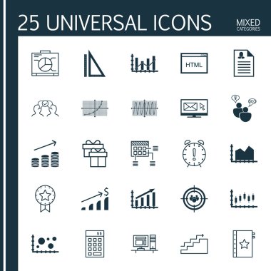 Set 25 Evrensel Simgeler Sikke büyüme, zaman yönetimi, line up ve daha fazla konu. Para Büyüme, Başarılı Yatırım, Kar Grafiği ve Diğer Simgeler Dahil Vektör Simge Seti.