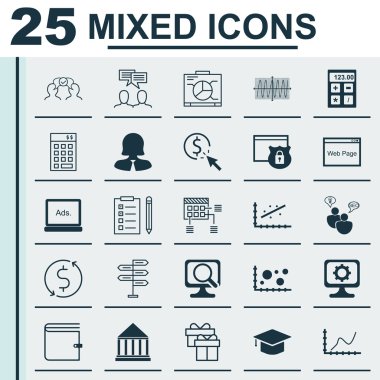 Web Sitesi, Eğitim Merkezi, Dijital Medya Ve Daha Fazla Konu Üzerine 25 Evrensel Simgeler Set. Web Sitesi, Cüzdan, Ppc ve Diğer Simgeler Dahil Vektör Simge Seti.