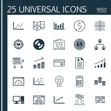 Set 25 Evrensel Simgeler Para, Sikke Büyüme, Mevcut Rozet ve Daha Fazla Konular. Karton, Plastik Kart, Hesaplama ve Diğer Simgeler Dahil Vektör Simge Seti.
