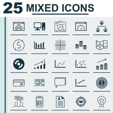 Hesaplama, Yükseltme Diyagramı, Para Trasnfer Ve Diğer Konular Açık 25 Evrensel Simgeler Ayarlayın. İş Hedefi, Bilgisayar, Para ve Diğer Simgeler Dahil Vektör Simge Seti.