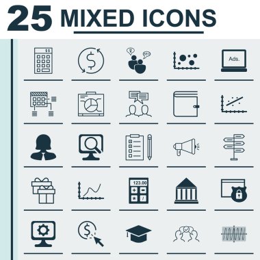 Cosinus Diyagramı, Medya Kampanyası, Güvenlik ve Diğer Konular Üzerine 25 Evrensel Simgeler Ayarlayın. Analytics, Business Woman, Financial ve Diğer Simgeler Dahil Vektör Simge Seti.