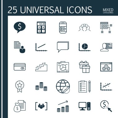 Set 25 Evrensel Simgeler Bilgisayar, Rapor, İş Deal Ve Daha Fazla Konu. Line Up, Circle Graph, Business Deal Ve Diğer Simgeler Dahil Vektör Simge Seti.