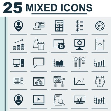 Pin Çalışan, Zamanlama, Zaman Yönetimi Ve Diğer Konular 25 Evrensel Simgeler Ayarlayın. Kişisel Beceriler, Güvenlik, Garanti ve Diğer Simgeleri Içeren Vektör Simge Seti.