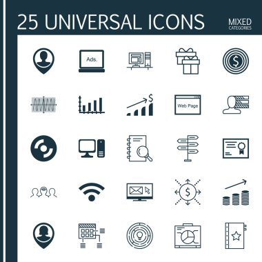 Para, Çalışan Konumu, Bilgisayar ve Daha Fazla Konu Üzerine 25 Evrensel Simgeler Ayarlayın. Boş Cd, Bülten, Bilgisayar ve Diğer Simgeleri Içeren Vektör Simge Seti.
