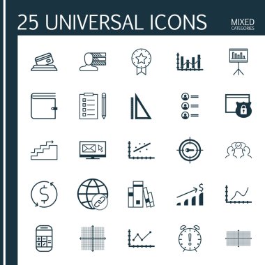 Hesaplama, Para Trasnfer, Bülten Ve Daha Fazla Konu Üzerine 25 Evrensel Simgeler Ayarlayın. İşbirliği, Hesaplama, Başarı Grafiği ve Diğer Simgeleri Içeren Vektör Simge Seti.