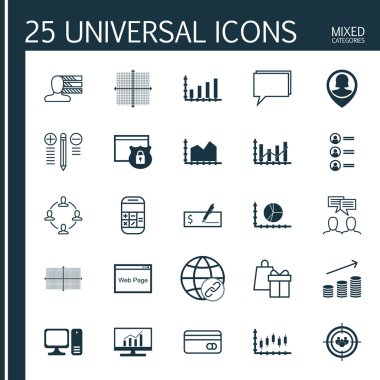 Karar Verme, Dinamikler, Alışveriş Ve Daha Fazla Konu Üzerine 25 Evrensel Simgeler Ayarlayın. Sıralı Grafikler, Güvenlik, Plastik Kart ve Diğer Simgeleri Içeren Vektör Simge Seti.