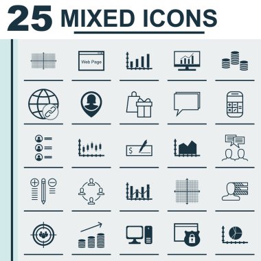 25 Evrensel Simge Dizisi Grafikleri, İşbirliği, Pin Elemanı ve Daha Fazla Konu Konusu. Madeni Para Büyümesi, Kare Diyagramı, Kişisel Yetenekler ve Diğer Simgeleri içeren Vektör Simgesi Kümesi.
