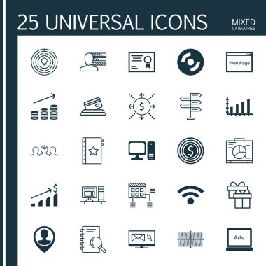 Kişisel Yetenekler, Başarılı Yatırım, Kablosuz ve Daha Fazla Konular Üzerine 25 Evrensel Simge Seti. İnovasyon, Dinamik, Garanti ve Diğer Simgeleri içeren Vektör Simgesi Seti.