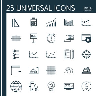 Anahtar Kelime Pazarlama, Para Trasnfer, Sunum Ve Daha Fazla Konu Üzerine 25 Evrensel Simgeler Ayarlayın. Mevcut Rozet, İş Adayları, Kişisel Beceriler ve Diğer Simgeler Dahil Vektör Simge Seti.