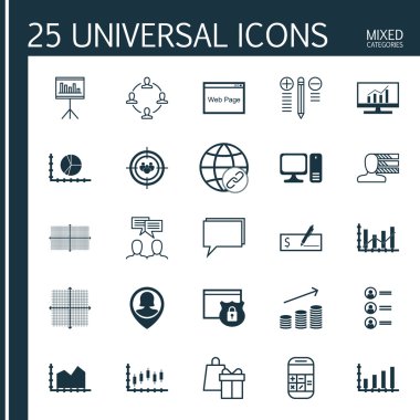 Alışveriş, bilgisayar, güvenlik ve daha fazla konu hakkında 25 evrensel simge seti. Tartışmayı, alışverişi, madeni para büyümesini ve diğer simgeleri içeren vektör simgesi kümesi.