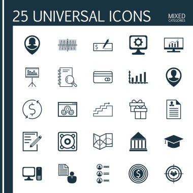 Bilgisayar, Para Trasnfer, Çalışan Konumu Ve Daha Fazla Konu Üzerinde 25 Evrensel Simgeler Ayarlayın. Kağıt, Pin Çalışan, Çalışan Konumu ve Diğer Simgeleri Içeren Vektör Simge Seti.