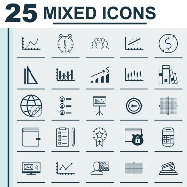 Yükseltme Diyagramı, Bağlantı, Güvenlik ve Diğer Konular Üzerine 25 Evrensel Simge ler Ayarlayın. Başarı Grafiği, Hesaplama, Ölçüm ve Diğer Simgeleri Içeren Vektör Simge Seti.