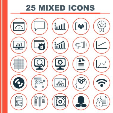 Kadın uygulama, başarı grafiği, yükleme hızı ve daha fazla konu üzerinde 25 evrensel simgeler kümesi. Rapor, zamanlama, Grafik kılavuz ve diğer simgeler gibi vektör Icon Set.