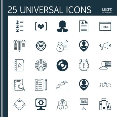 Karar Verme, Büyüme, Pin Çalışan Ve Diğer Konular Üzerine 25 Evrensel Simgeler Ayarlayın. Çalışan Konumu, Yenilik, İş Kadını ve Diğer Simgeleri Içeren Vektör Simge Seti.