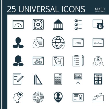 İşbirlikçi Çözüm, Büyüme, Hatırlatma ve Daha Fazla Konu Üzerine 25 Evrensel Simge ler Ayarlayın. Çalışan Konumu, Kodlama, İnsan Aklı ve Diğer Simgeler Dahil Vektör Simge Seti.