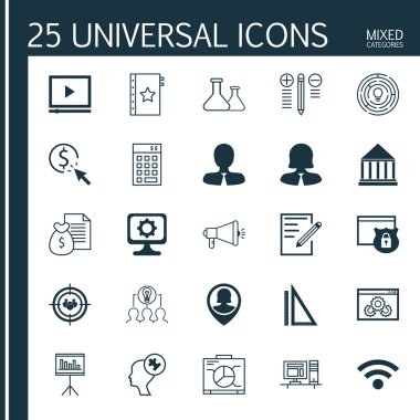 Bilgisayarda, kağıtta, odak grubunda ve daha fazla konuda 25 evrensel ikon kümesi. İnovasyon, Web Sitesi Performansı, İşbirlikçi Çözüm ve Diğer Simgeleri içeren Vektör Simgesi Kümesi.