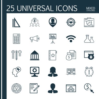Set 25 Evrensel Simgeler İnsan Zihin, Zaman Yönetimi, Ölçüm Ve Daha Fazla Konu. İnovasyon, Medya Kampanyası, İnsan Aklı Ve Diğer Simgeler Dahil Vektör Simge Seti.
