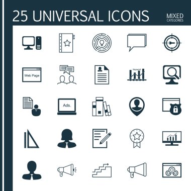 Set 25 Evrensel Simgeler Kadın Uygulama, Pazar Araştırması, Duyuru Ve Diğer Konular. Bilgisayar Dahil Vektör Simge Seti, Yenilik, Anahtar Kelime Pazarlama ve Diğer Simgeler.