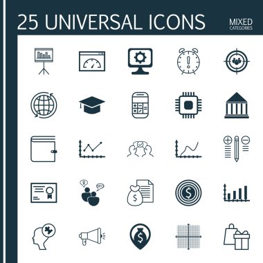 Sunum, Medya Kampanyası, Pc Ve Diğer Konular 25 Evrensel Simgeler Ayarlayın. İş Hedefi, Alışveriş, Chip Ve Diğer Simgeleri Içeren Vektör Simge Seti.