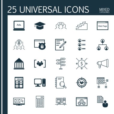 Kağıt, mezuniyet, rapor ve daha fazla konudan oluşan 25 evrensel ikon seti. Web Sitesi Performansı, Para, Fırsat ve Diğer Simgeler de dahil olmak üzere Vektör Simgesi Ayarları.