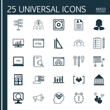 Medya Kampanyası, İşbirlikçi Çözüm, Finansal Ve Daha Fazla Konu Üzerine 25 Evrensel Simge seti. İşbirliğine Dayalı Çözüm, Kişisel Beceriler, Ölçüm ve Diğer Simgeleri Içeren Vektör Simge Seti.