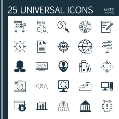 Set 25 Evrensel Simgeler Koçluk, Ppc, Bilgisayar Ve Daha Fazla Konular. İşbirliği, Zaman Yönetimi, Odak Grubu ve Diğer Simgeler Dahil Vektör Simge Seti.