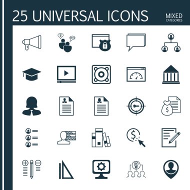 Set 25 Evrensel Simgeler Müzik, İş Kadını, İş Başvuru ve Daha Fazla Konu. Video Oynatıcı, Ölçüm, Karar Verme Ve Diğer Simgeleri Içeren Vektör Simge Seti.