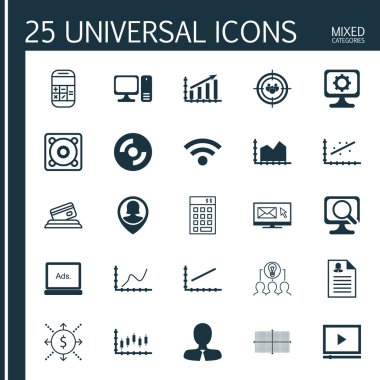 Yatırım, Borsa, İşbirlikçi Çözüm Ve Daha Fazla Konu Üzerine 25 Evrensel Simgeler Ayarlayın. Kadın Uygulama, Video Oynatıcı, Başarı Grafiği ve Diğer Simgeler Dahil Vektör Simge Seti.
