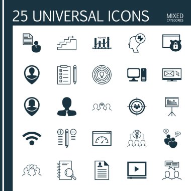 Video Oynatıcı, Sunum, Çalışan Konumu Ve Daha Fazla Konu Üzerine 25 Evrensel Simge ler Ayarlayın. Güvenlik, Seo Brainstorm, Çalışan Konumu ve Diğer Simgeler dahil Vektör Simge Seti.