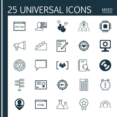 Kişisel beceriler, web sitesi, anahtar kelime pazarlama ve daha fazla konudaki 25 evrensel simge seti. Kağıt, Boş CD, Konferans ve Diğer Simgeleri içeren Vektör Simgesi Seti.