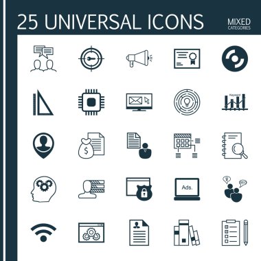 Anahtar Kelime Pazarlama, Web Sitesi Performansı, Sertifika Ve Daha Fazla Konu Üzerine 25 Evrensel Simgeler Ayarlayın. Seo Brainstorm, Dijital Medya, Çalışan Konumu ve Diğer Simgeler dahil Vektör Simge Seti.