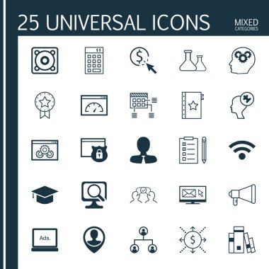 Kütüphane, Bülten, Yatırım Ve Diğer Konular Üzerine 25 Evrensel Simgeler Ayarlayın. Bülten, Anımsatıcı, Dijital Medya ve Diğer Simgeleri Içeren Vektör Simge Seti.