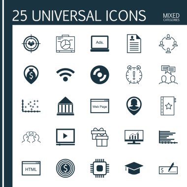 İşbirliği, Banka Ödeme, İş Hedefi ve Daha Fazla Konu Üzerine 25 Evrensel Simgeler Seti. Boş Cd, Özgeçmiş, Pazar Araştırması Ve Diğer Simgeleri Içeren Vektör Simge Seti.