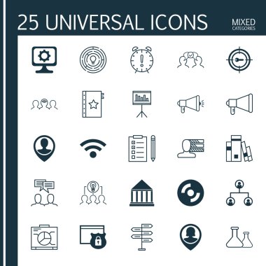 Yenilik, Hatırlatma, Yönetim Kurulu Ve Diğer Konular Üzerine 25 Evrensel Simgeler Ayarlayın. Kablosuz, Kitaplık, Ağaç Yapısı ve Diğer Simgeleri Içeren Vektör Simge Seti.