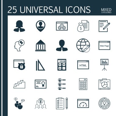Kodlama, İşbirlikçi Çözüm, İş Kadını Ve Daha Fazla Konu Üzerine 25 Evrensel Simge Seti. Bağlantı, Yükleme Hızı, Sunum ve Diğer Simgeleri Içeren Vektör Simge Seti.