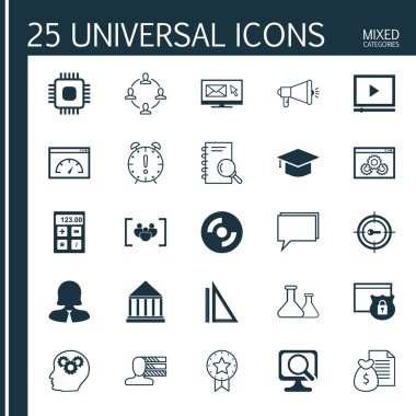 Set 25 Evrensel Simgeler Eğitim Merkezi, Web Sitesi Performansı, İşbirliği Ve Daha Fazla Konu. Rapor, Dizüstü Bilgisayar, Yükleme Hızı ve Diğer Simgeleri Içeren Vektör Simge Seti.