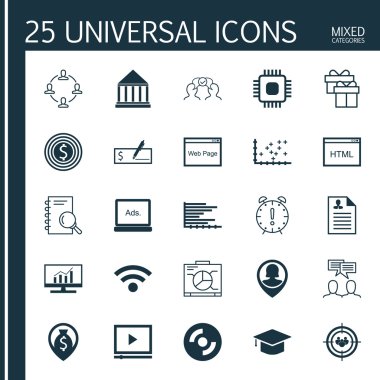 Mezuniyet, Para Navigasyon, İşbirliği Ve Daha Fazla Konu Üzerine 25 Evrensel Simgeler Set. Analiz, Tartışma, Mevcut ve Diğer Simgeleri Içeren Vektör Simge Seti.