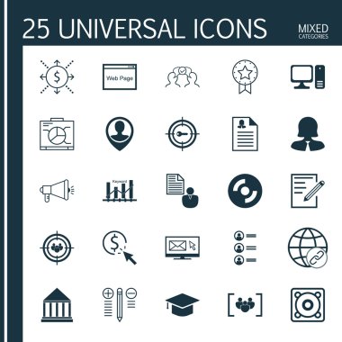 Set 25 Evrensel Simgeler Bilgisayar, Mevcut Rozet, İşbirliği Ve Daha Fazla Konu. Odak Grubu, İş Adayları, Bülten Ve Diğer Simgeleri Içeren Vektör Simge Seti.