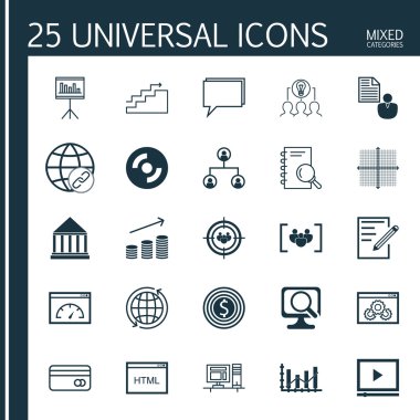 Set 25 Evrensel Simgeler Eğitim Merkezi, Web Sitesi Performansı, Rapor Ve Diğer Konular. Odak Grubu Dahil Vektör Simge Seti, Dünya Çapında, Kağıt ve Diğer Simgeler.