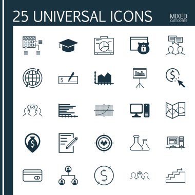 Set 25 Evrensel Simgeler Büyüme, Güvenlik, Odak Grubu Ve Daha Fazla Konu. Vektör Simge Seti Çizelgesi, Yol Haritası, Dünya Çapında Ve Diğer Simgeler Dahil.