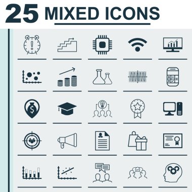 İşbirliği, Sikke Büyüme, Sertifika Ve Daha Fazla Konu Üzerine 25 Evrensel Simgeler Set. Analytics, Money Navigation, Computer ve Diğer Simgeler Dahil Vektör Simge Seti.